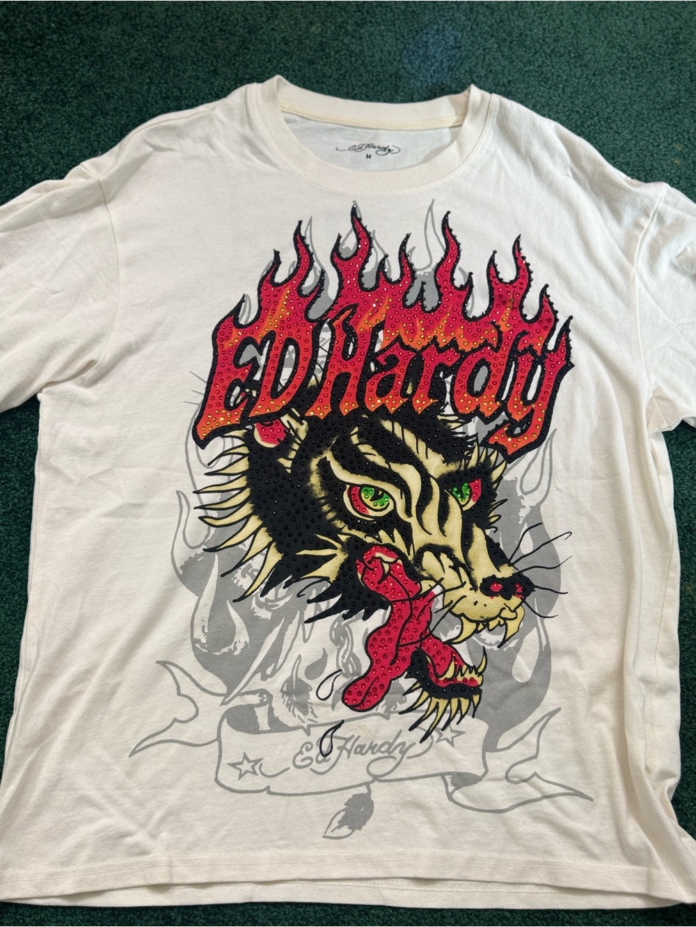 Ed Hardy Men’s White Graphic Flame Tiger T-Shirt